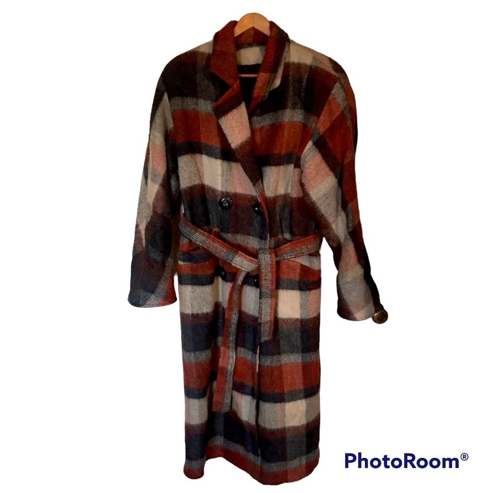 Vintage blue/cream/rust wool coat w/shoulder pads - size M